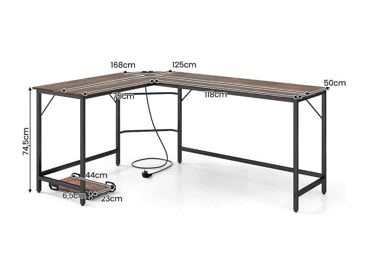 Scrivania ad angolo a L con presa di corrente, Scrivania per computer da 168cm con supporto CPU e telaio in metallo Marrone
