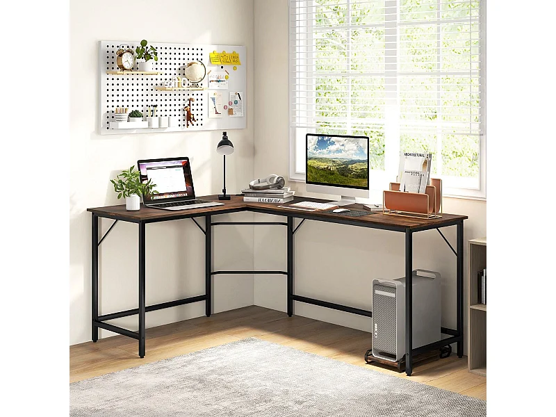 Bureau d'Angle avec Prise de Courant Bureau d'Angle de 168 cm avec Support UC Cadre en Métal Robuste Bureau d'Etudes Marron