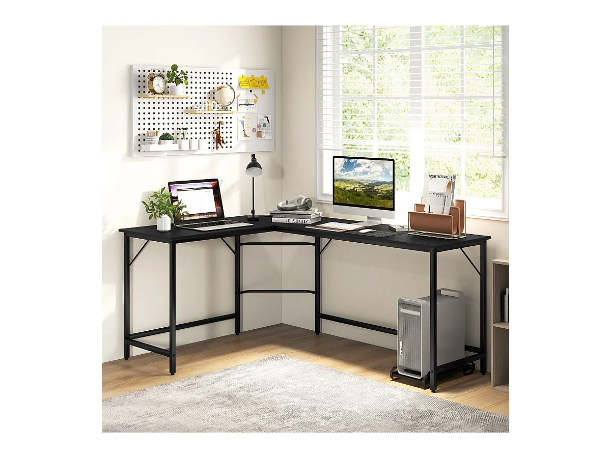 Scrivania ad angolo a L con presa di corrente, Scrivania per computer da 168cm con supporto CPU e telaio in metallo Nero
