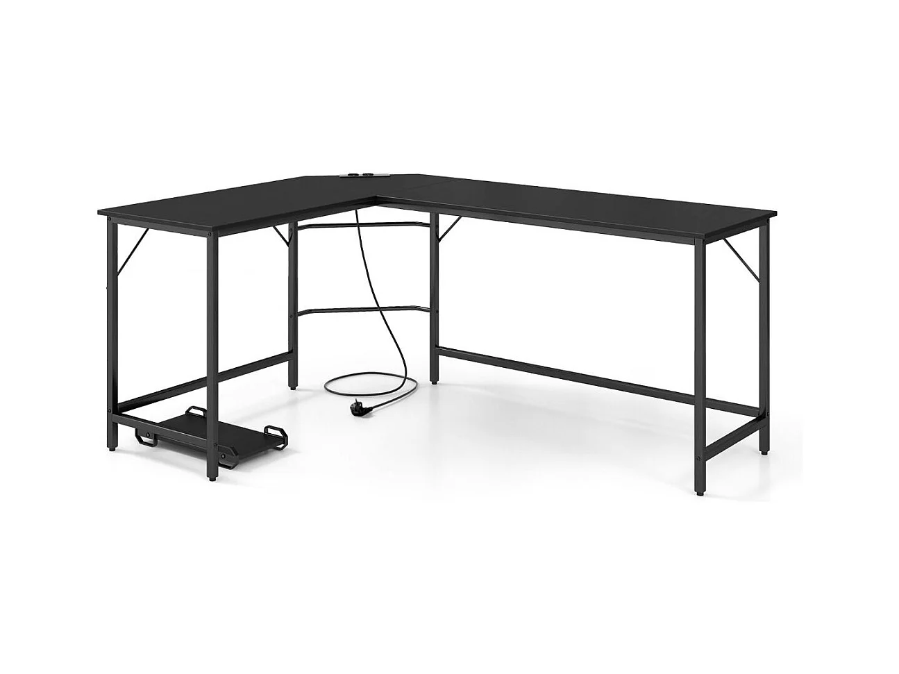Scrivania ad angolo a L con presa di corrente, Scrivania per computer da 168cm con supporto CPU e telaio in metallo Nero