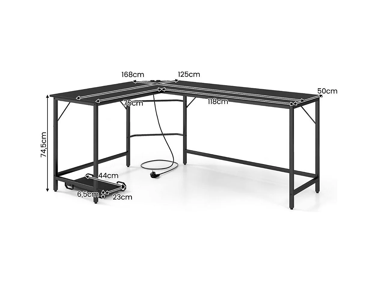Scrivania ad angolo a L con presa di corrente, Scrivania per computer da 168cm con supporto CPU e telaio in metallo Nero