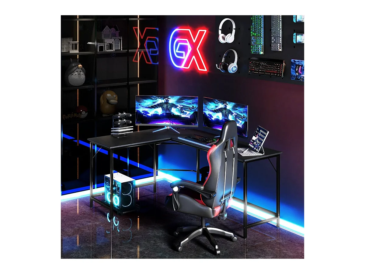 Scrivania ad angolo a L con presa di corrente, Scrivania per computer da 168cm con supporto CPU e telaio in metallo Nero