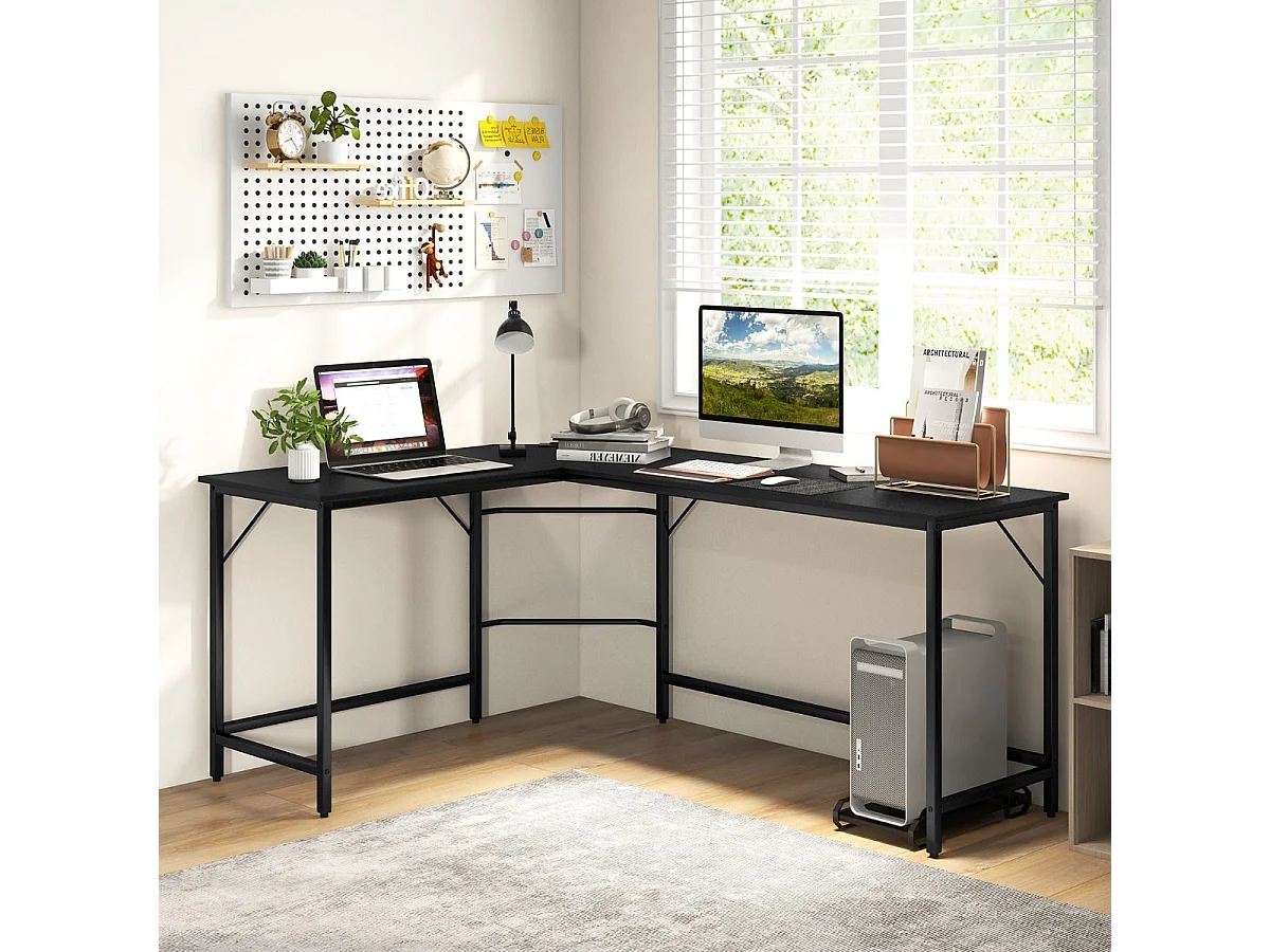 Bureau d'Angle avec Prise de Courant Bureau d'Angle de 168 cm avec Support UC Cadre en Métal Robuste Bureau d'Etudes Noir