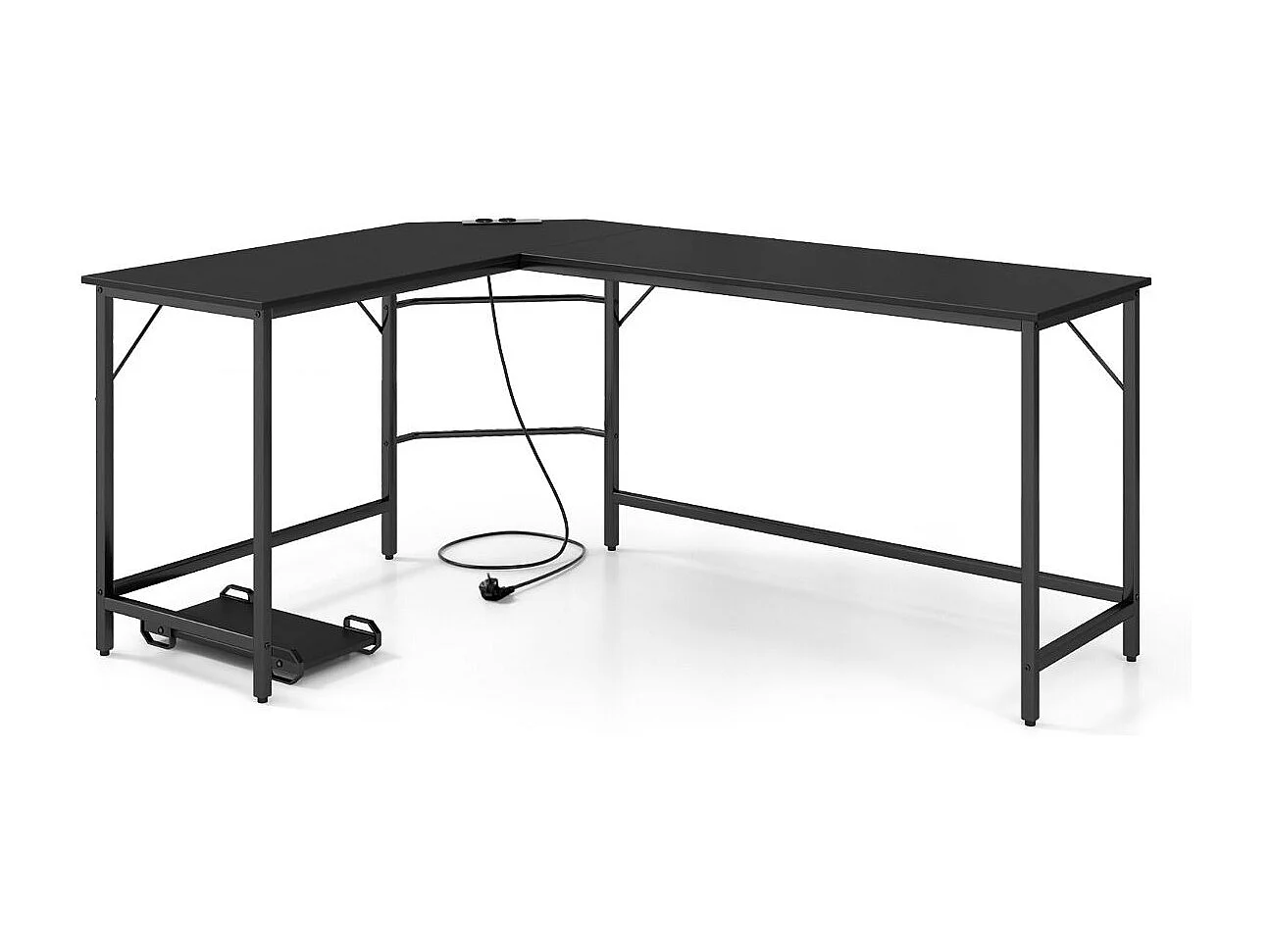 Bureau d'Angle avec Prise de Courant Bureau d'Angle de 168 cm avec Support UC Cadre en Métal Robuste Bureau d'Etudes Noir