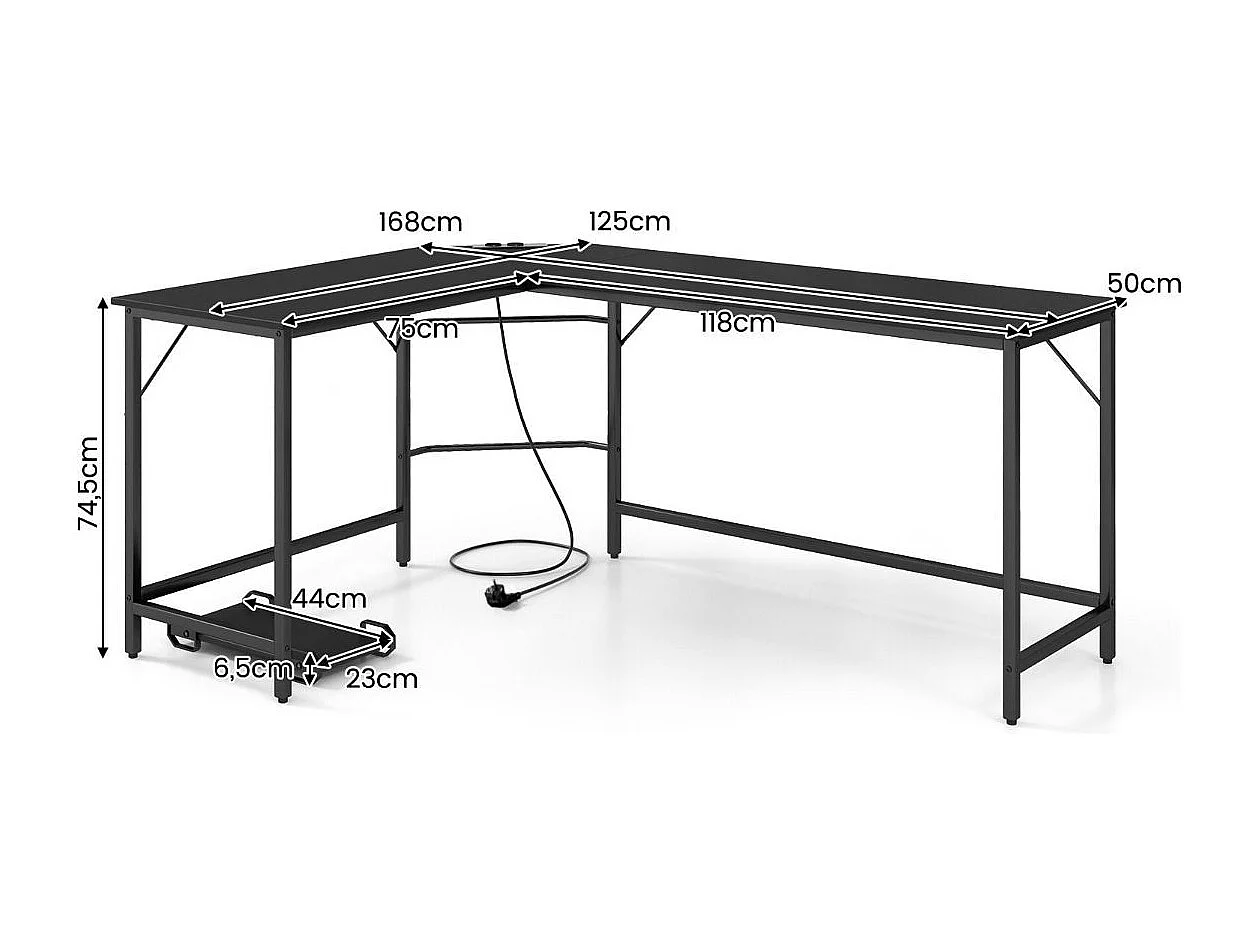 Bureau d'Angle avec Prise de Courant Bureau d'Angle de 168 cm avec Support UC Cadre en Métal Robuste Bureau d'Etudes Noir