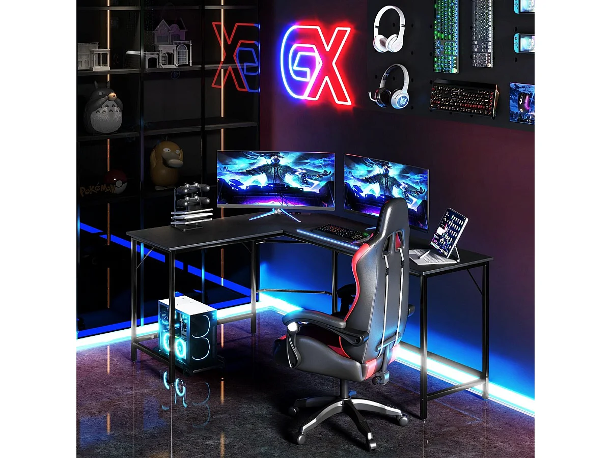 Bureau d'Angle avec Prise de Courant Bureau d'Angle de 168 cm avec Support UC Cadre en Métal Robuste Bureau d'Etudes Noir