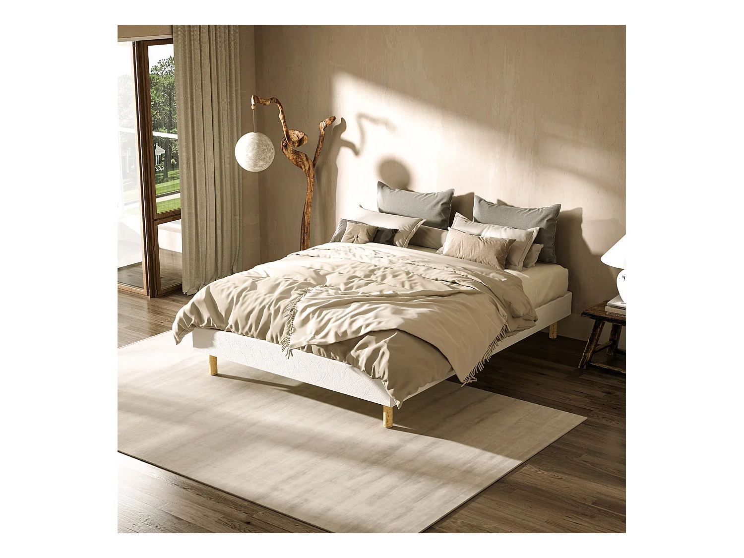 Sommier tapissier 140x190 cm, 4 pieds en bois, 2 pieds centraux réglables (en fer), 2x14 lattes, robuste