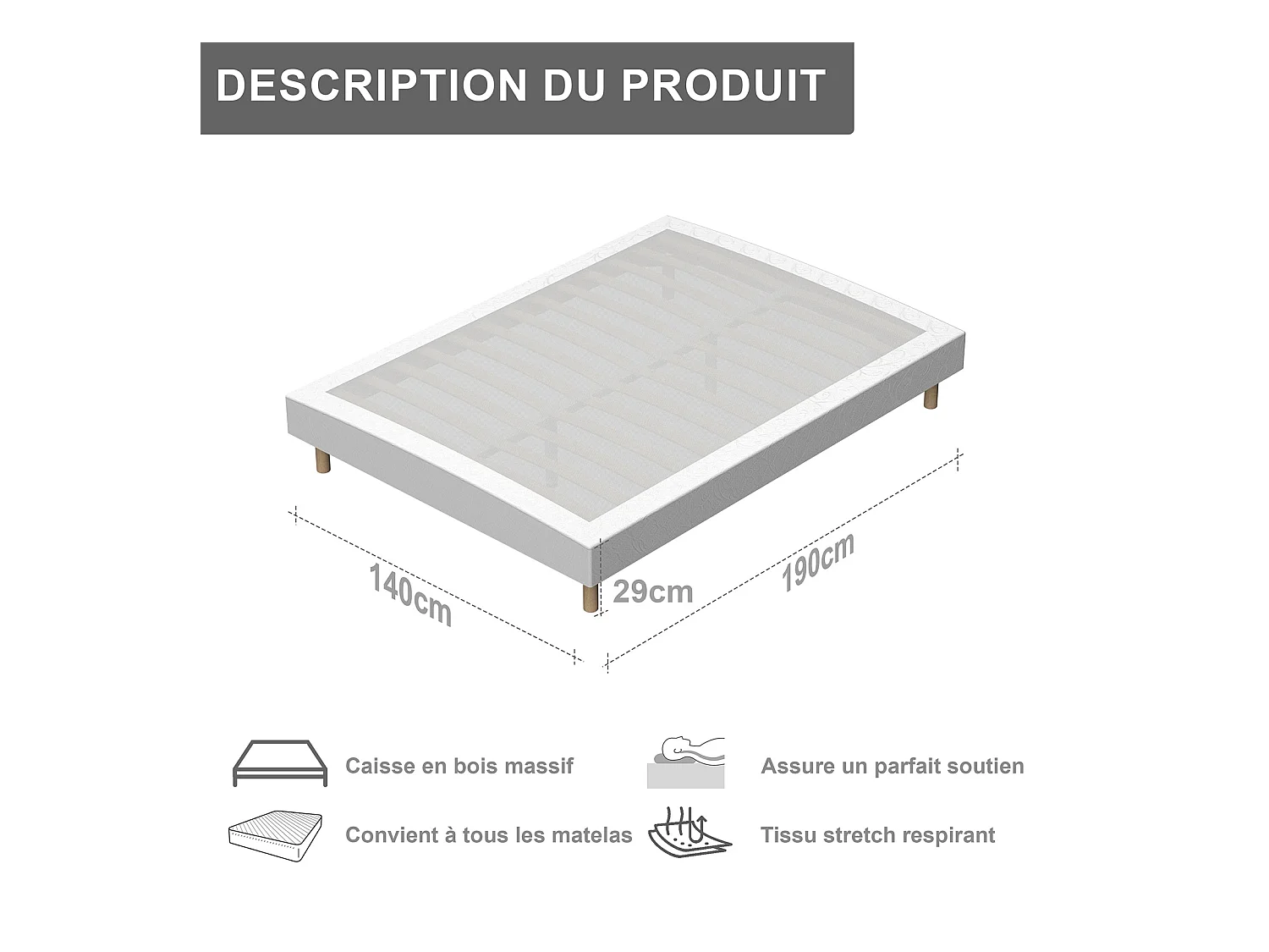 Sommier tapissier 140x190 cm, 4 pieds en bois, 2 pieds centraux réglables (en fer), 2x14 lattes, robuste