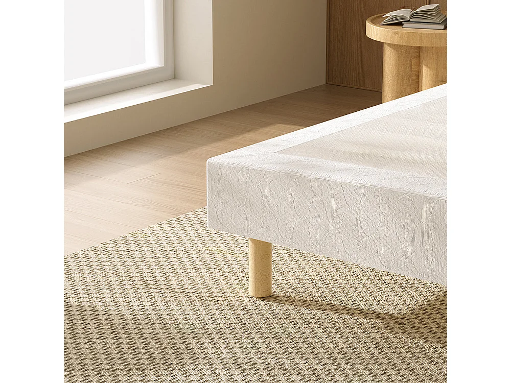 Sommier tapissier 140x190 cm, 4 pieds en bois, 2 pieds centraux réglables (en fer), 2x14 lattes, robuste