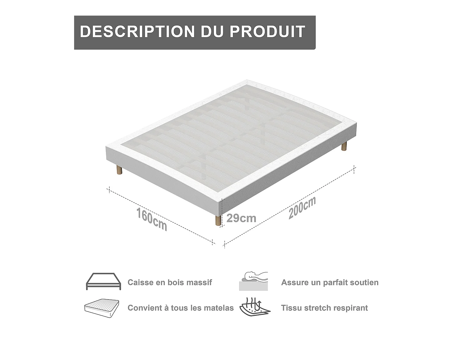 Cadre de lit 160 x 200 cm, équipé de 2 pieds centraux réglables (en fer), Hauteur totale 29 cm, Poids maximal chargé 250 kg