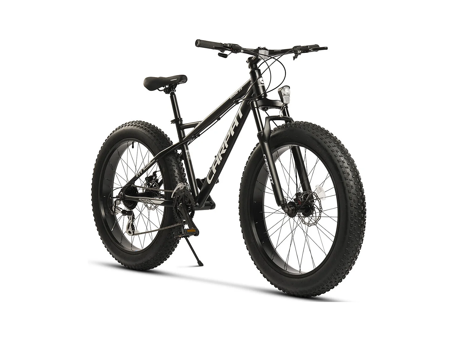 VTT à gros pneus 26 pouces, 2x8 vitesses, fourche à suspension 80 mm, freins à disque 160 mm, aluminium, noir et blanc (156x77x24 cm)