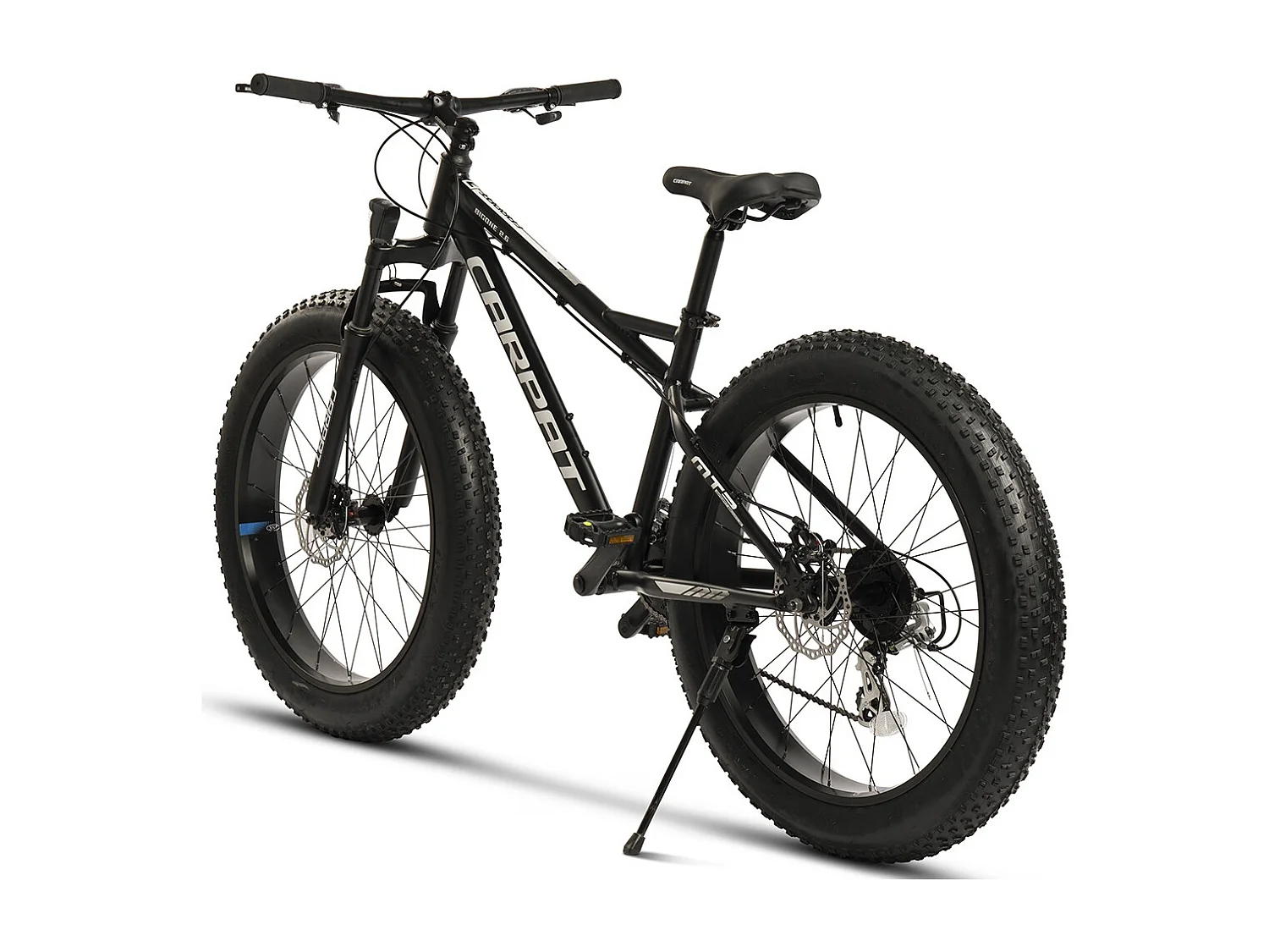 VTT à gros pneus 26 pouces, 2x8 vitesses, fourche à suspension 80 mm, freins à disque 160 mm, aluminium, noir et blanc (156x77x24 cm)