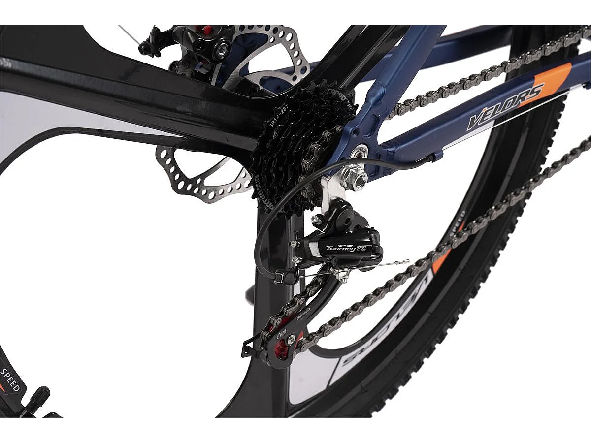 VTT transmission 21 vitesses, semi-rigide en aluminium, freins à disque mécaniques, fourche à suspension, bleu (141 x 73 x 20 cm)