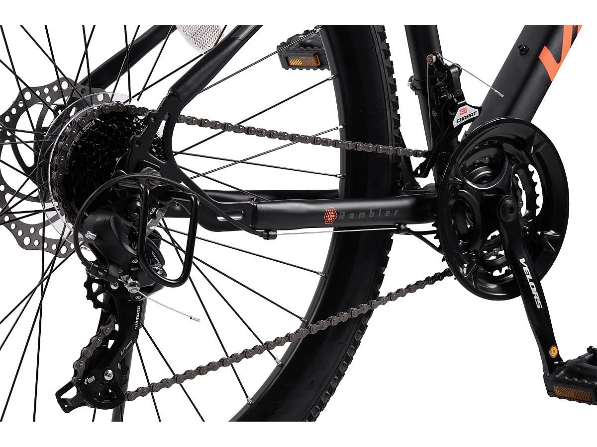 VTT semi-rigide 27,5 pouces, cadre en acier au carbone, dérailleur 21 vitesses, fourche à suspension, acheminement de câbles intégré (140x76x20 cm)