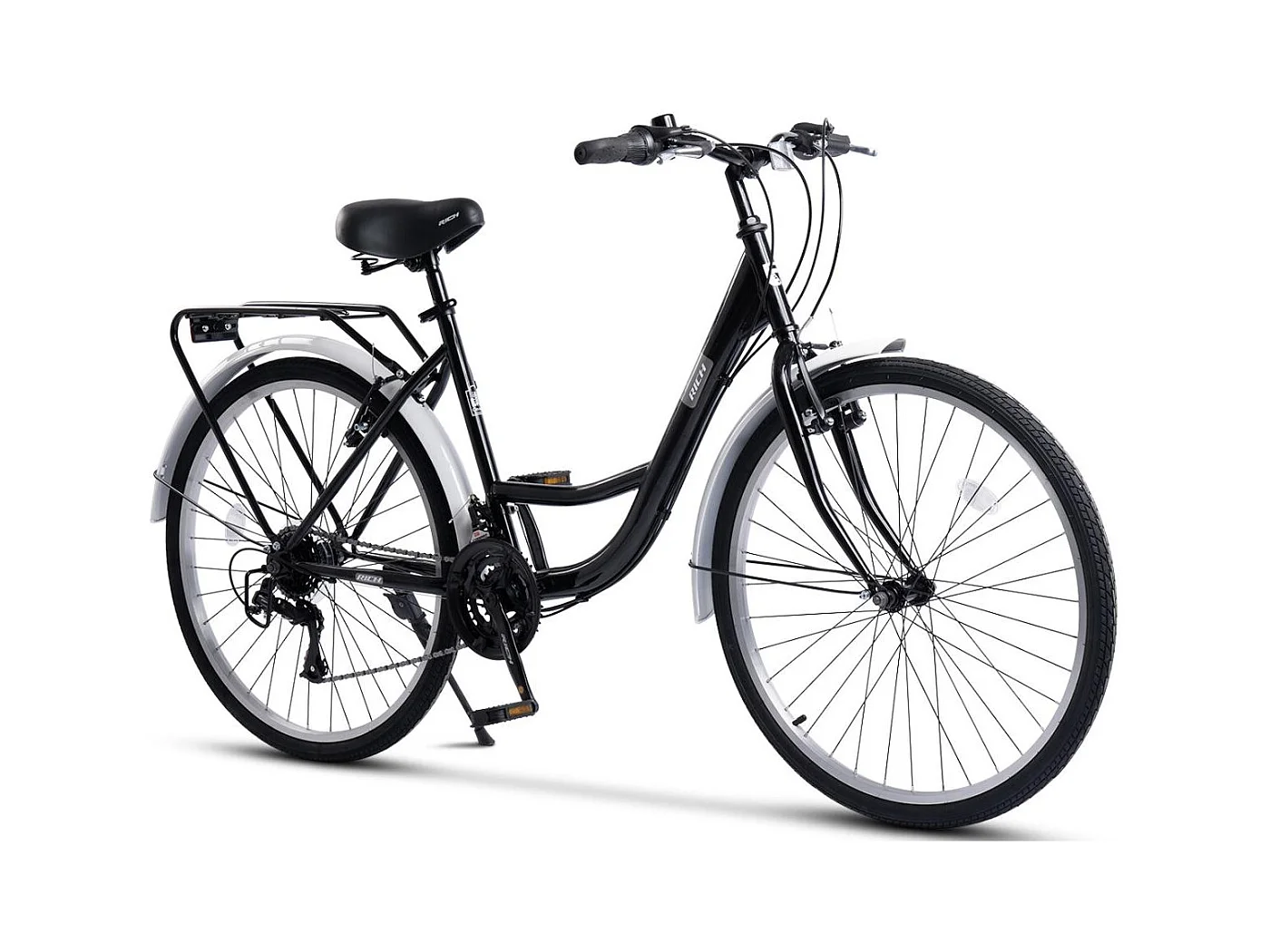 Stadsfiets, 21 versnellingen, hardtail stalen frame, 26 inch offroad banden, V-brakes, bagagedrager, zwart (141 x 76 x 20 cm)