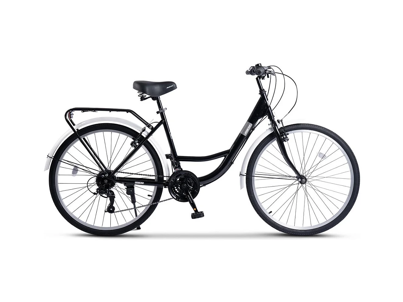 Stadsfiets, 21 versnellingen, hardtail stalen frame, 26 inch offroad banden, V-brakes, bagagedrager, zwart (141 x 76 x 20 cm)