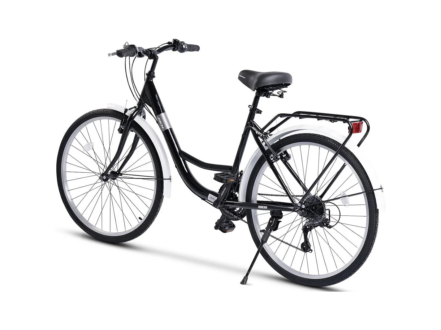 Stadsfiets, 21 versnellingen, hardtail stalen frame, 26 inch offroad banden, V-brakes, bagagedrager, zwart (141 x 76 x 20 cm)