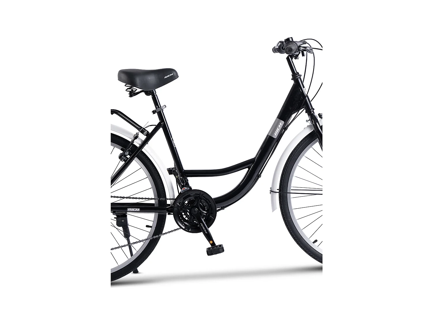 Stadsfiets, 21 versnellingen, hardtail stalen frame, 26 inch offroad banden, V-brakes, bagagedrager, zwart (141 x 76 x 20 cm)