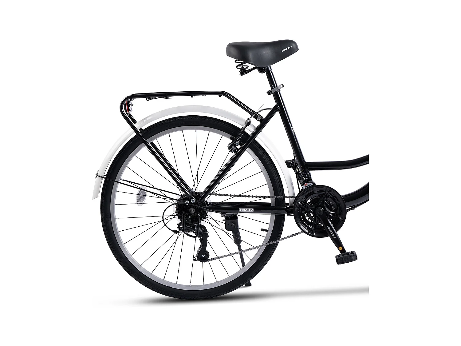 Stadsfiets, 21 versnellingen, hardtail stalen frame, 26 inch offroad banden, V-brakes, bagagedrager, zwart (141 x 76 x 20 cm)