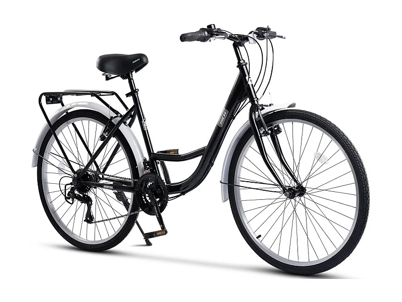 Vélo de ville, 21 vitesses, cadre en acier semi-rigide, pneus tout-terrain de 26 pouces, freins V-brake, porte-bagages, noir (141 x 76 x 20 cm)