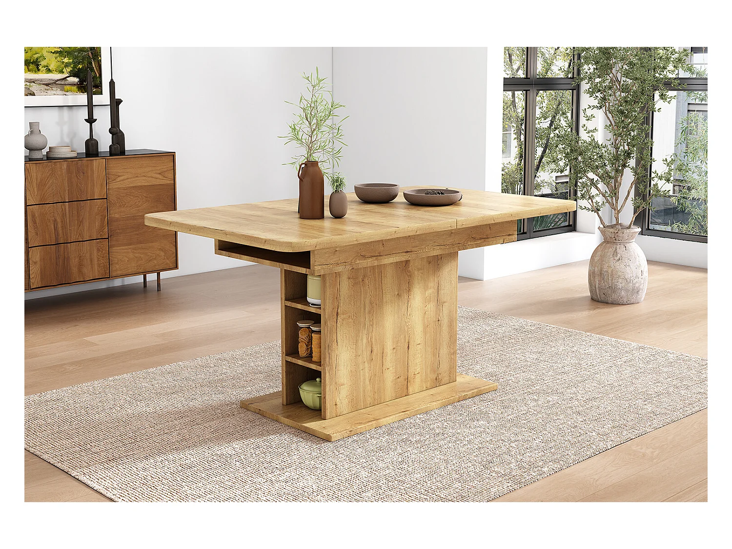 URBAN MEUBLE Table à manger extensible effet bois avec rangement L110/130*W70*H75