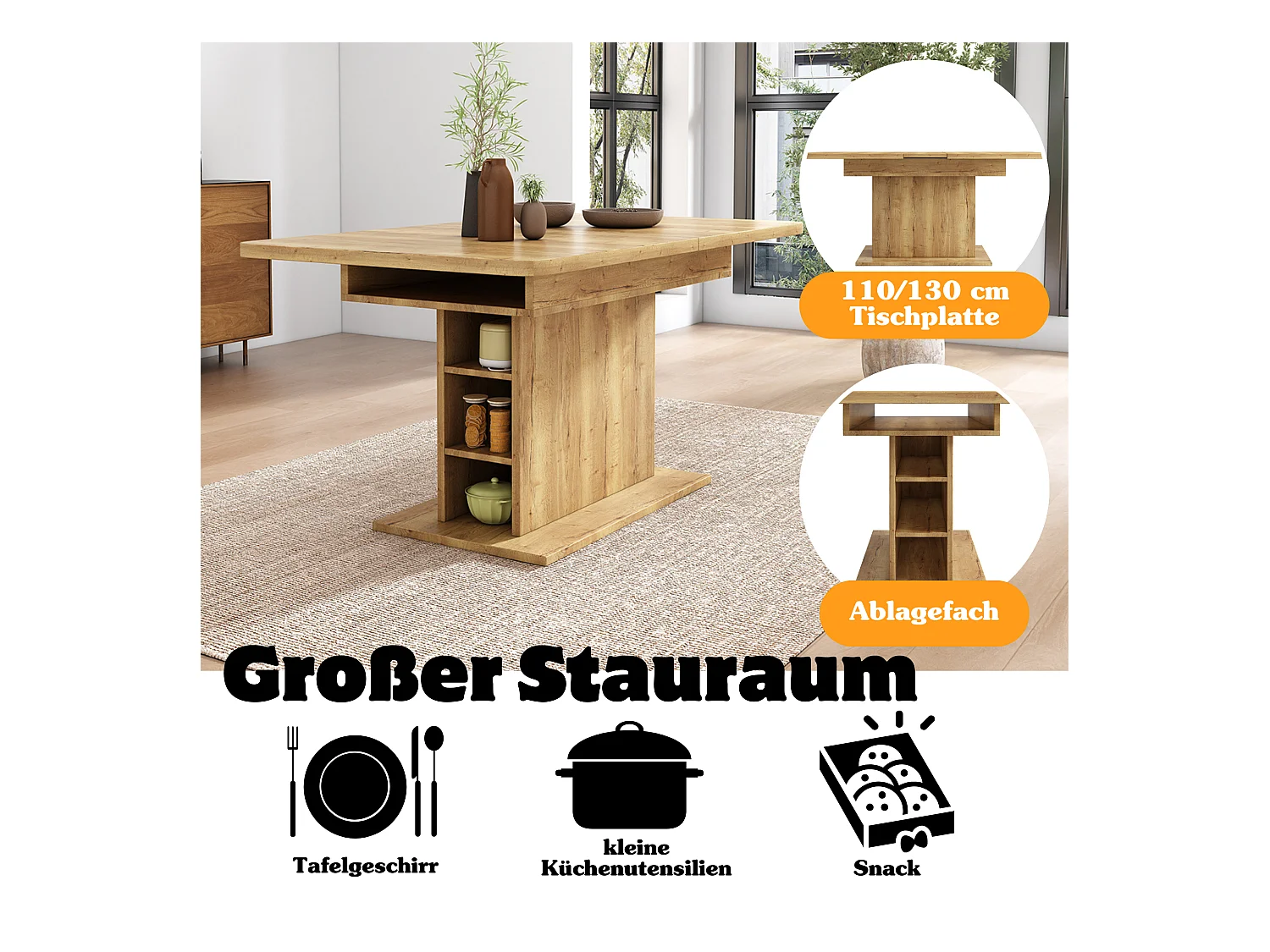 URBAN MEUBLE Table à manger extensible effet bois avec rangement L110/130*W70*H75