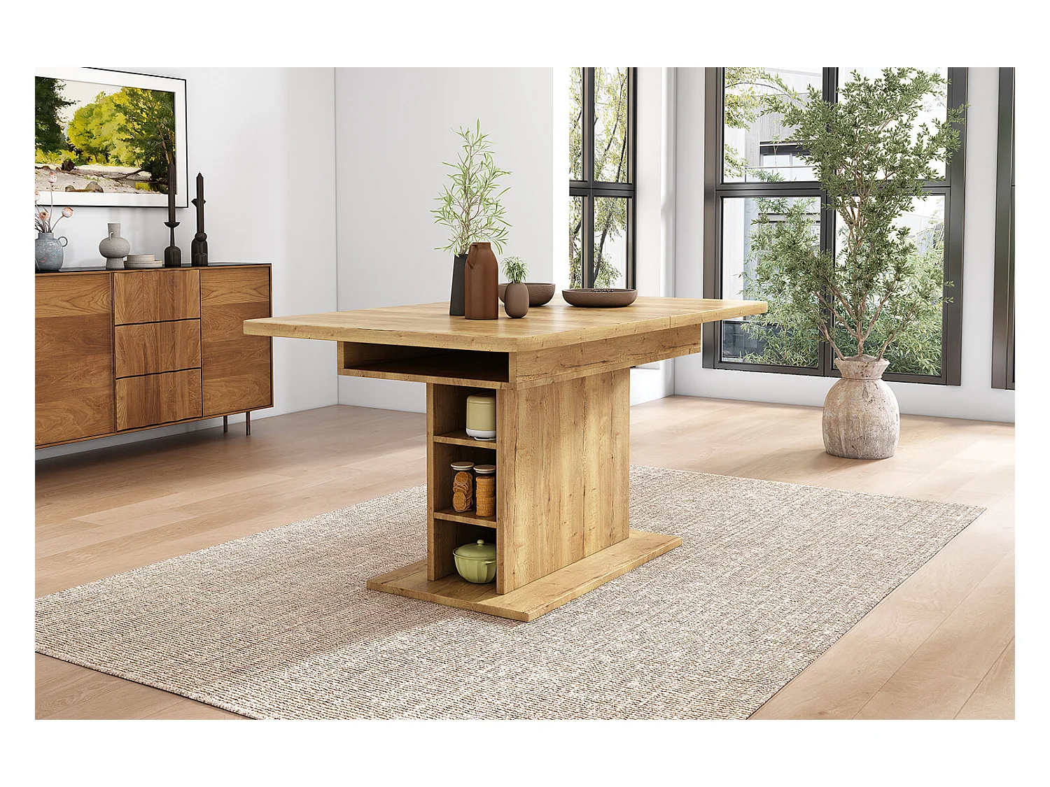 URBAN MEUBLE Table à manger extensible effet bois avec rangement L110/130*W70*H75