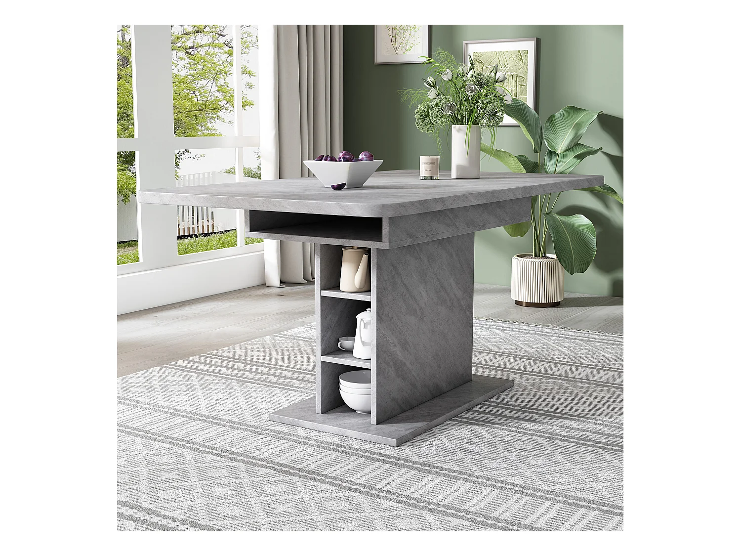 URBAN MEUBLE Table à manger rectangulaire extensible avec rangement multifonctionnelle effet béton grise