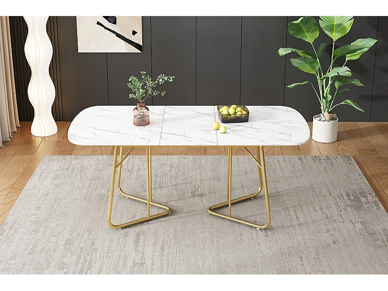 URBAN MEUBLE Table de salle à manger extensible effet marbre blanche pieds dorés style luxueux 140-180*80cm