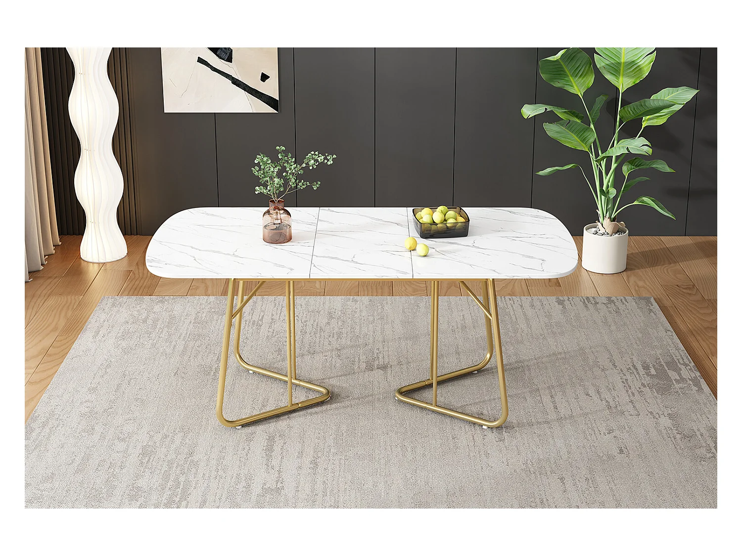 URBAN MEUBLE Table de salle à manger extensible effet marbre blanche pieds dorés style luxueux 140-180*80cm