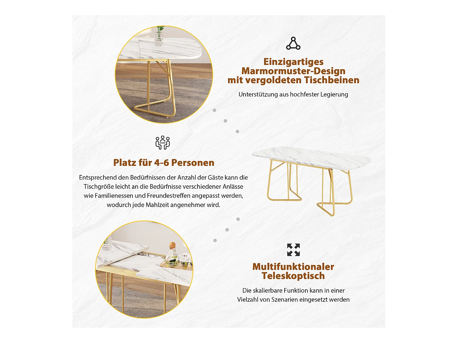 URBAN MEUBLE Table de salle à manger extensible effet marbre blanche pieds dorés style luxueux 140-180*80cm