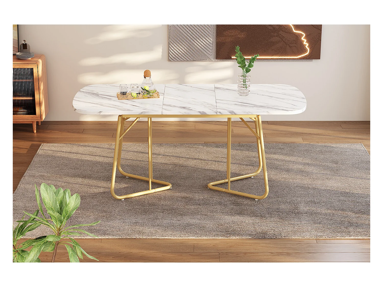URBAN MEUBLE Table de salle à manger extensible effet marbre blanche pieds dorés style luxueux 140-180*80cm