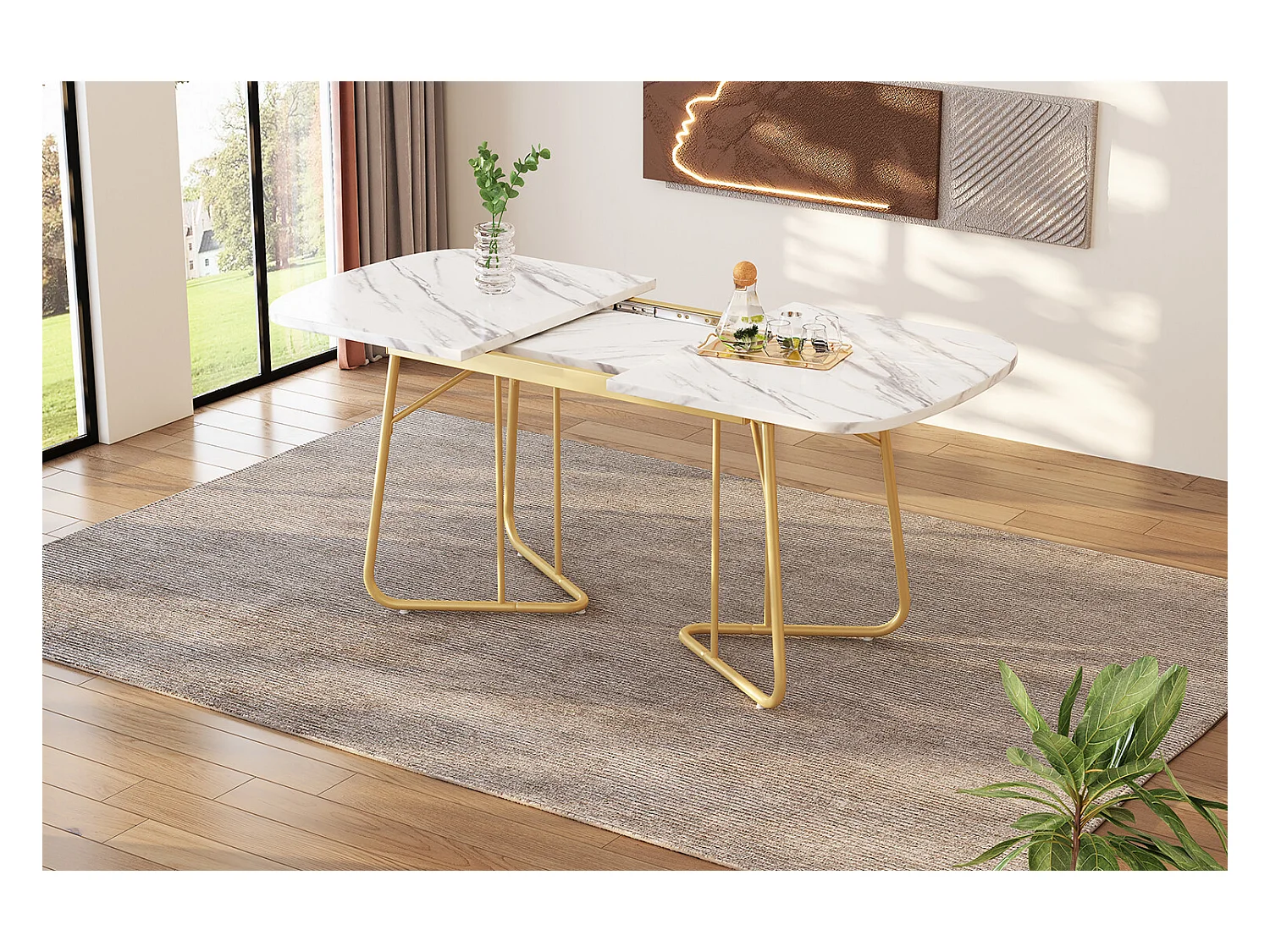 URBAN MEUBLE Table de salle à manger extensible effet marbre blanche pieds dorés style luxueux 140-180*80cm