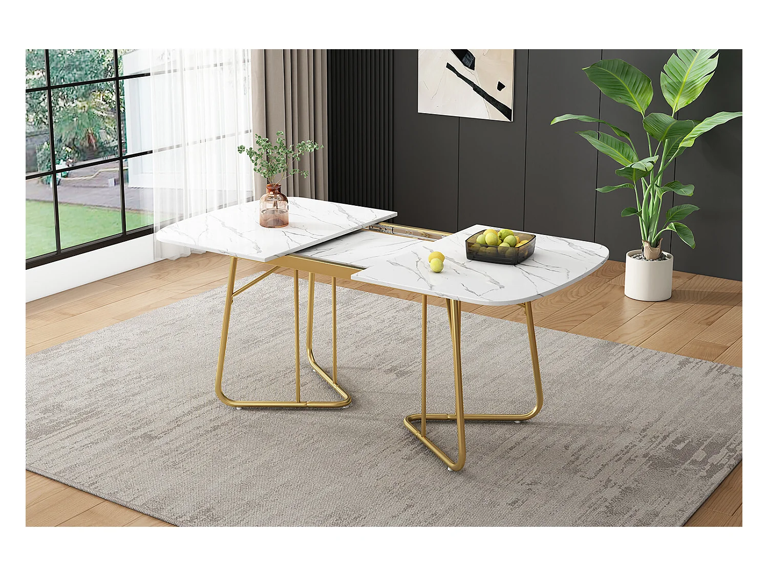 URBAN MEUBLE Table de salle à manger extensible effet marbre blanche pieds dorés style luxueux 140-180*80cm