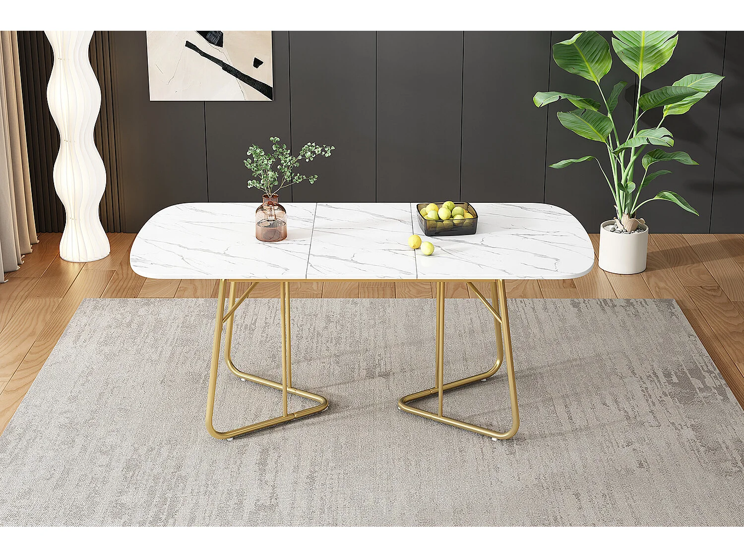 URBAN MEUBLE Table de salle à manger extensible effet marbre blanche pieds dorés style luxueux 140-180*80cm