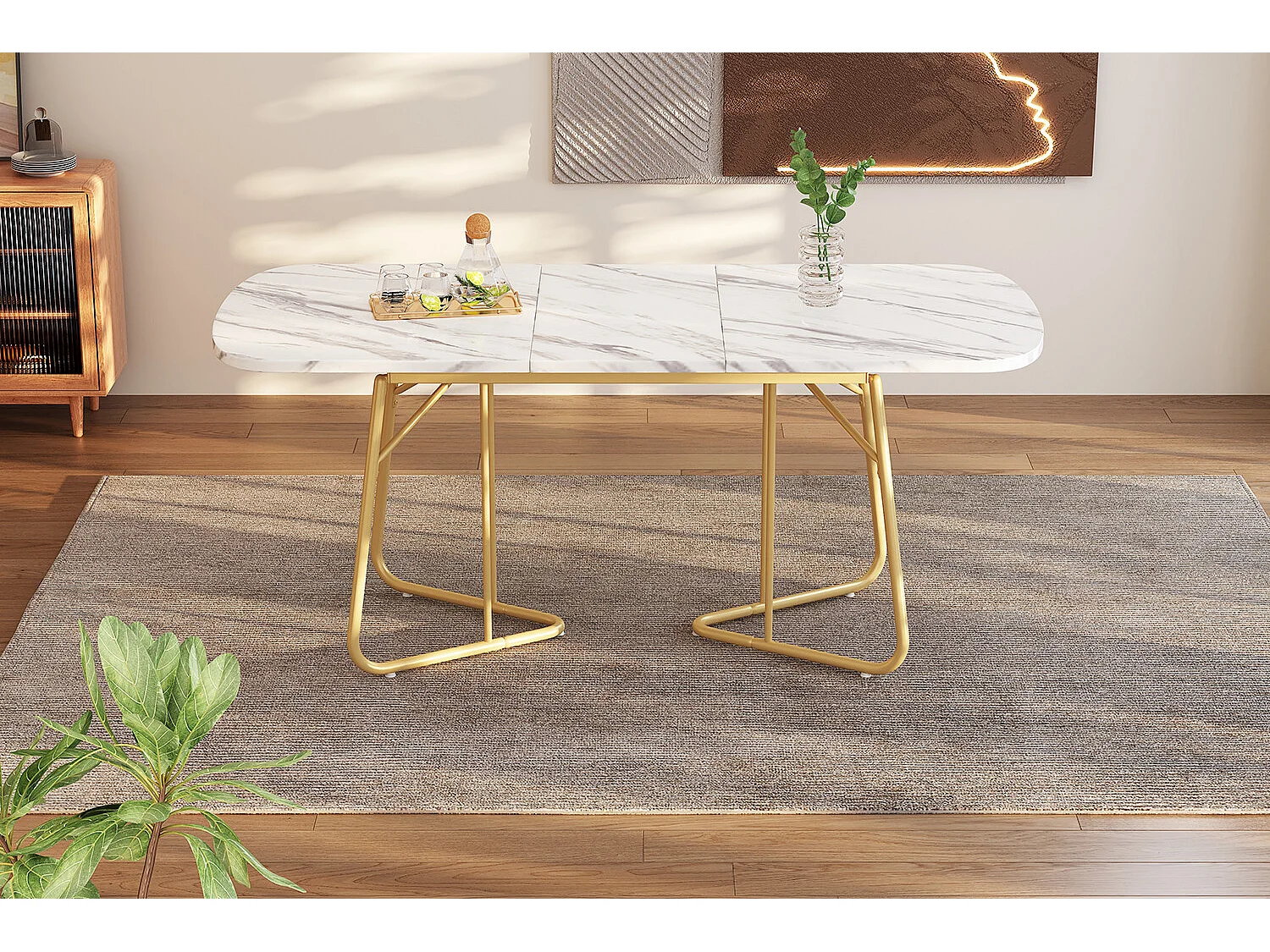 URBAN MEUBLE Table de salle à manger extensible effet marbre blanche pieds dorés style luxueux 140-180*80cm