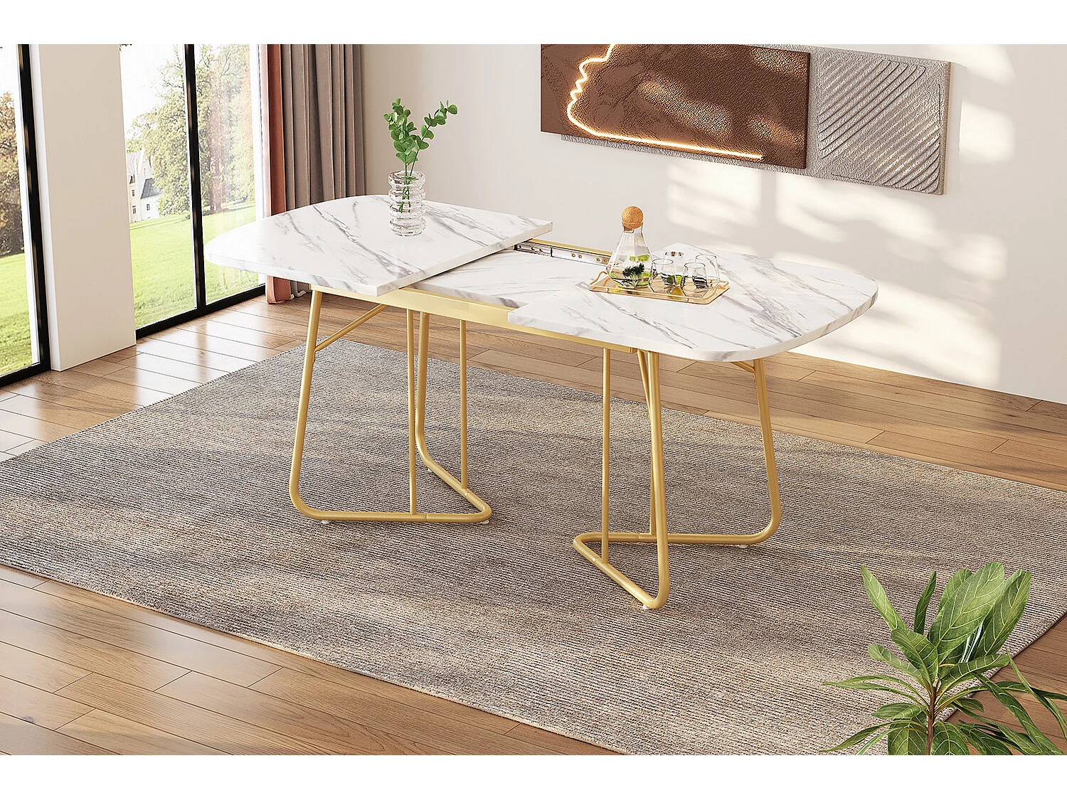URBAN MEUBLE Table de salle à manger extensible effet marbre blanche pieds dorés style luxueux 140-180*80cm