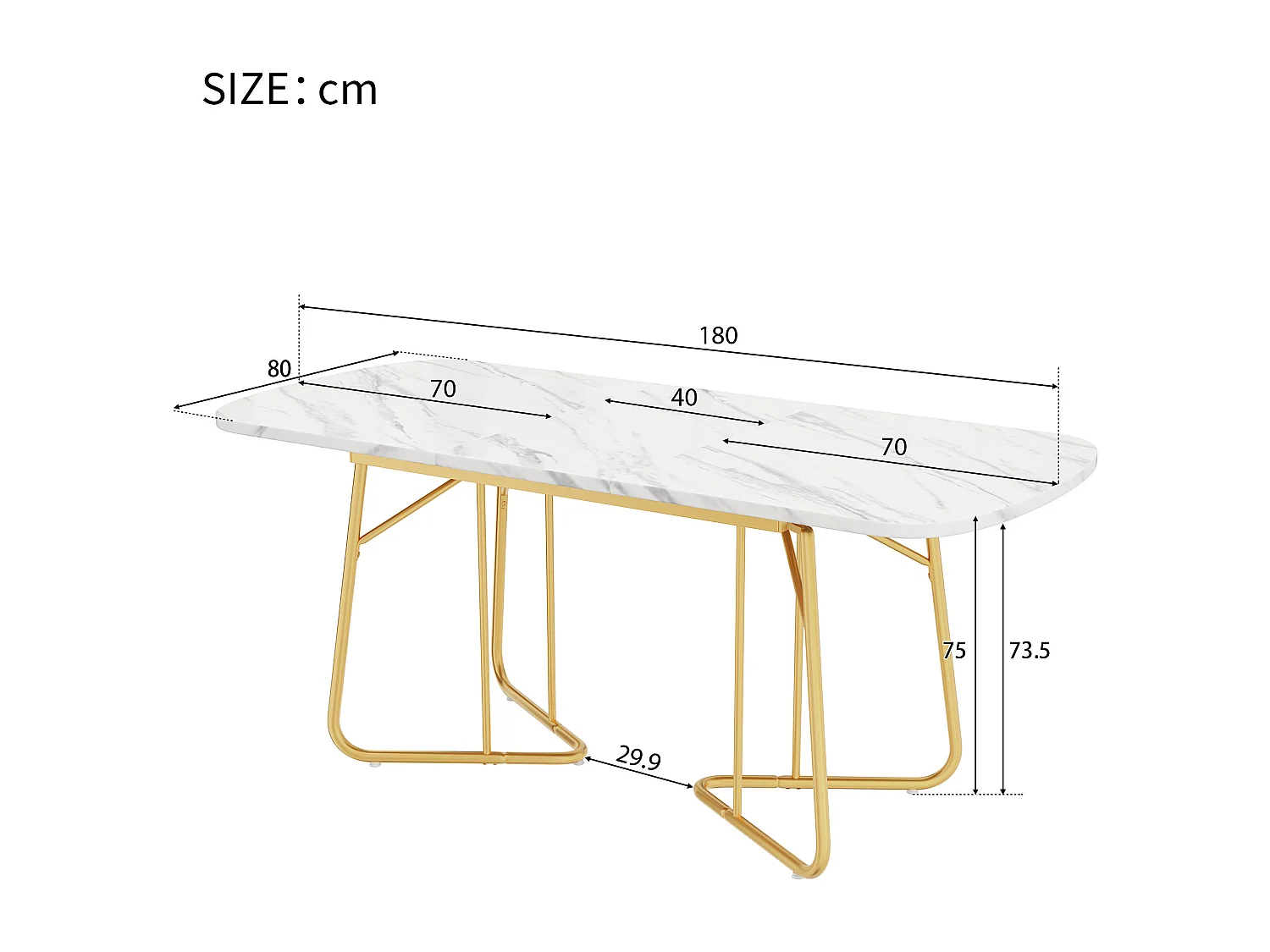 URBAN MEUBLE Table de salle à manger extensible effet marbre blanche pieds dorés style luxueux 140-180*80cm