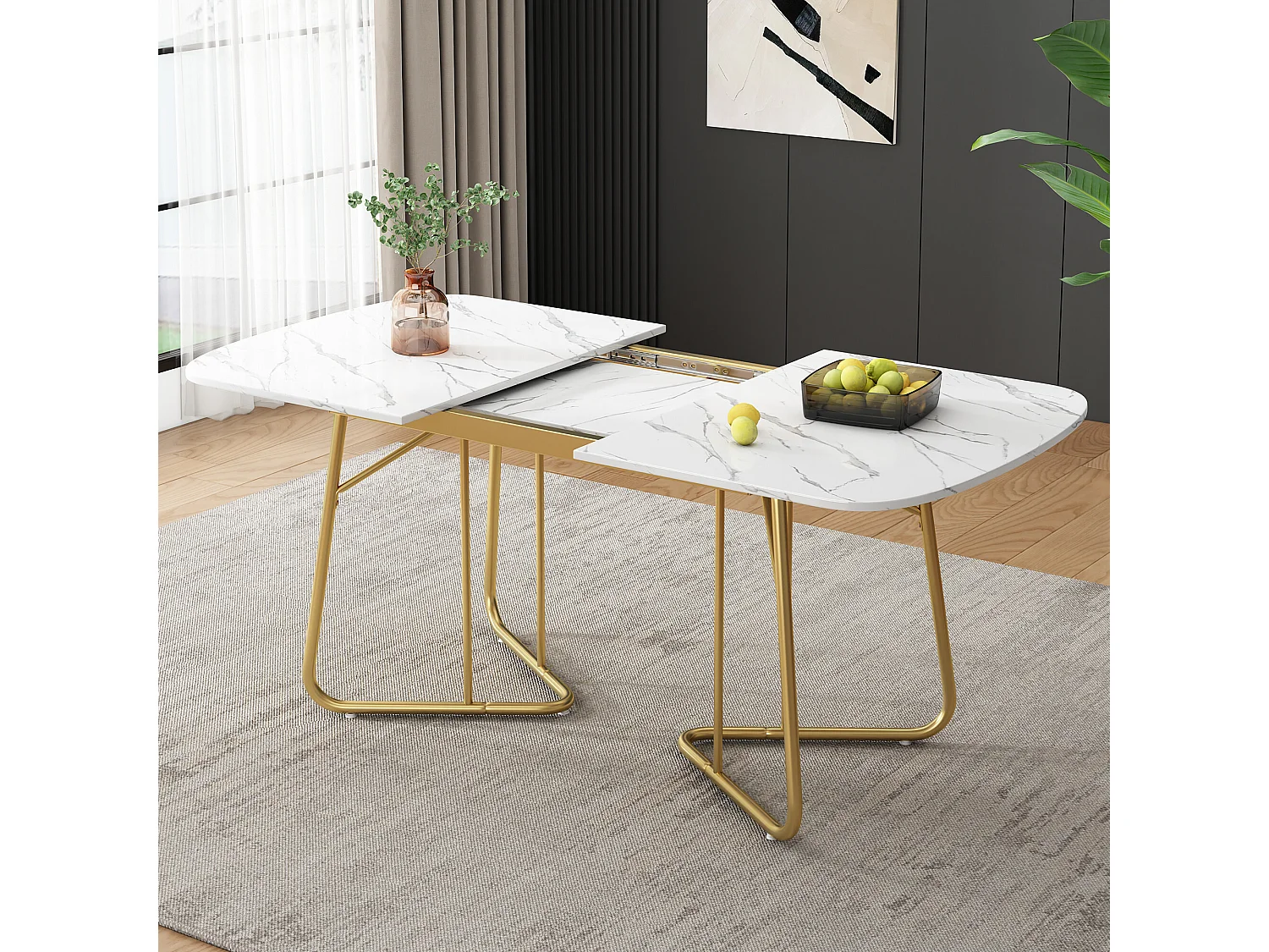 URBAN MEUBLE Table de salle à manger extensible effet marbre blanche pieds dorés style luxueux 140-180*80cm