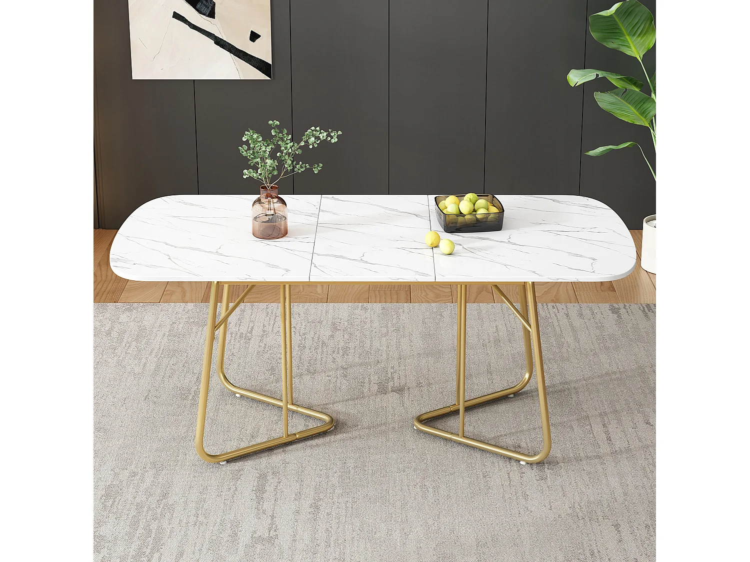 URBAN MEUBLE Table de salle à manger extensible effet marbre blanche pieds dorés style luxueux 140-180*80cm
