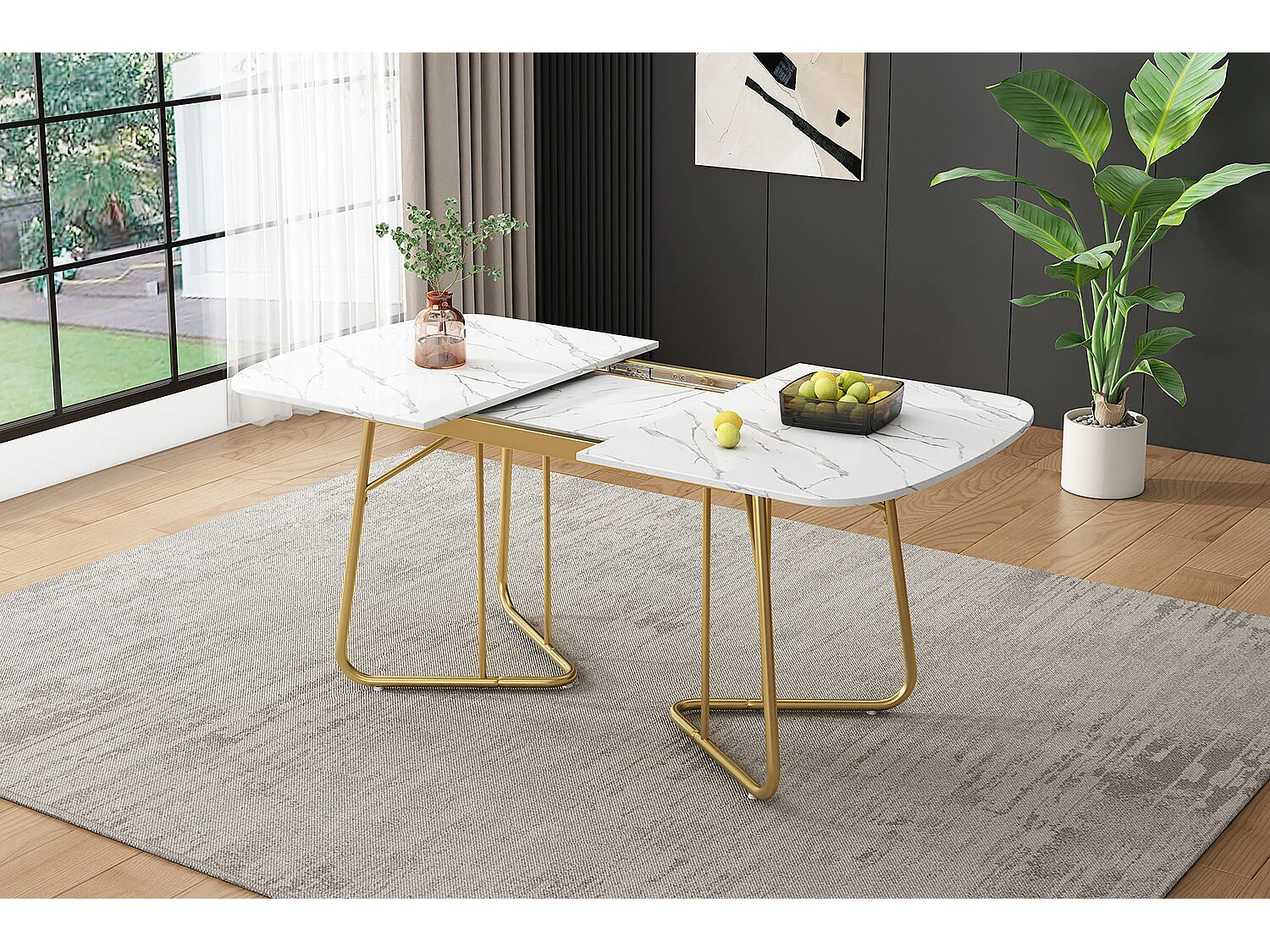 URBAN MEUBLE Table de salle à manger extensible effet marbre blanche pieds dorés style luxueux 140-180*80cm