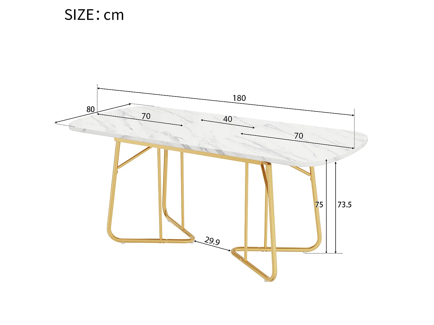 URBAN MEUBLE Table de salle à manger extensible effet marbre blanche pieds dorés style luxueux 140-180*80cm