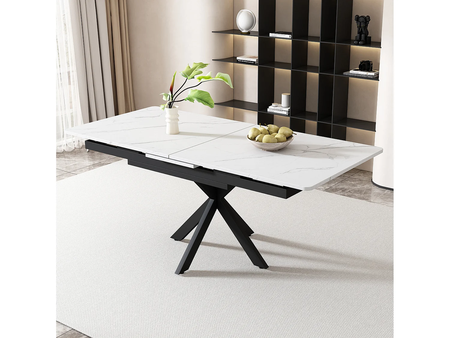 URBAN MEUBLE Table de salle à manger rectangulaire extensible effet marbre blanc pieds noirs croisés L150/180*L70*H76cm