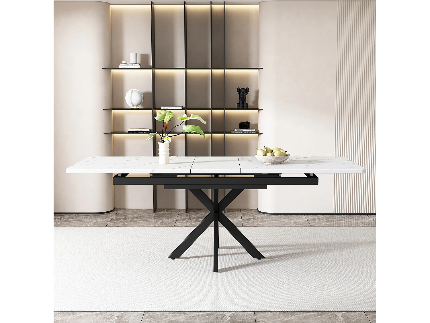 URBAN MEUBLE Table de salle à manger rectangulaire extensible effet marbre blanc pieds noirs croisés L150/180*L70*H76cm