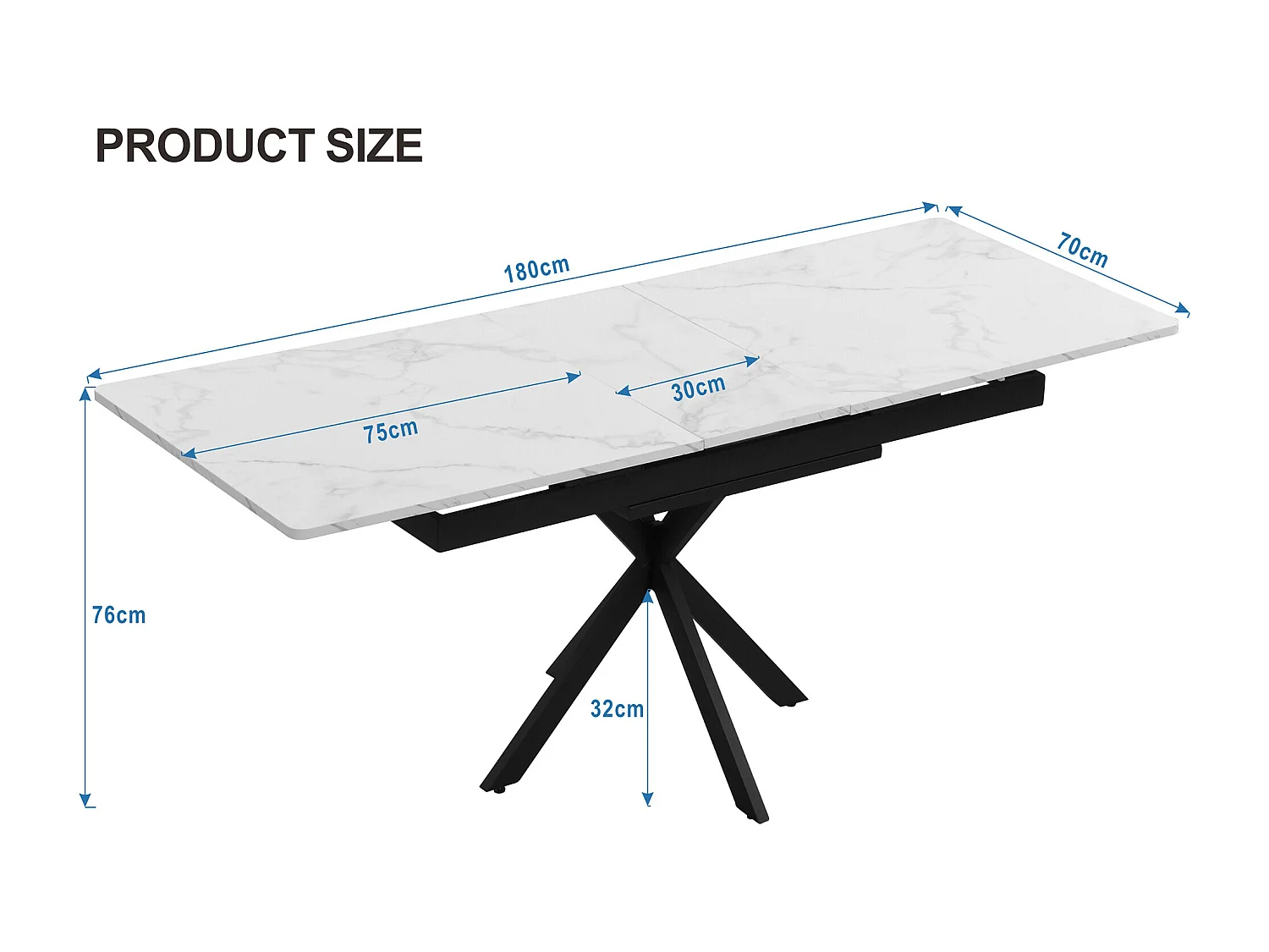 URBAN MEUBLE Table de salle à manger rectangulaire extensible effet marbre blanc pieds noirs croisés L150/180*L70*H76cm