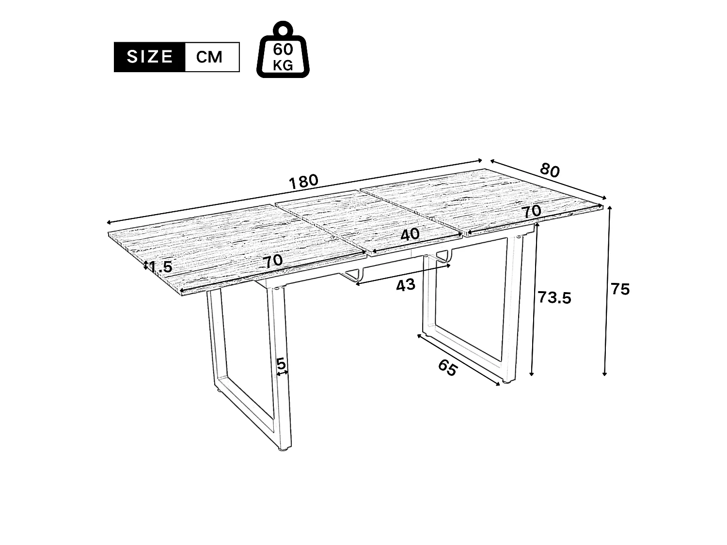URBAN MEUBLE Table de salle à manger extensible moderne effet chêne et noir 140-180x80cm