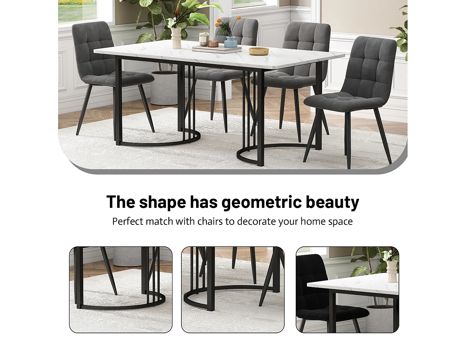 URBAN MEUBLE Table à manger rectangulaire moderne effet marbre blanc structure en métal noir 140 x 80 cm