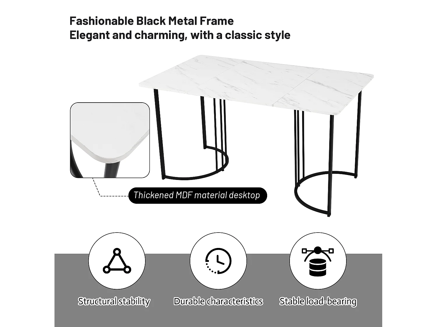 URBAN MEUBLE Table à manger rectangulaire moderne effet marbre blanc structure en métal noir 140 x 80 cm