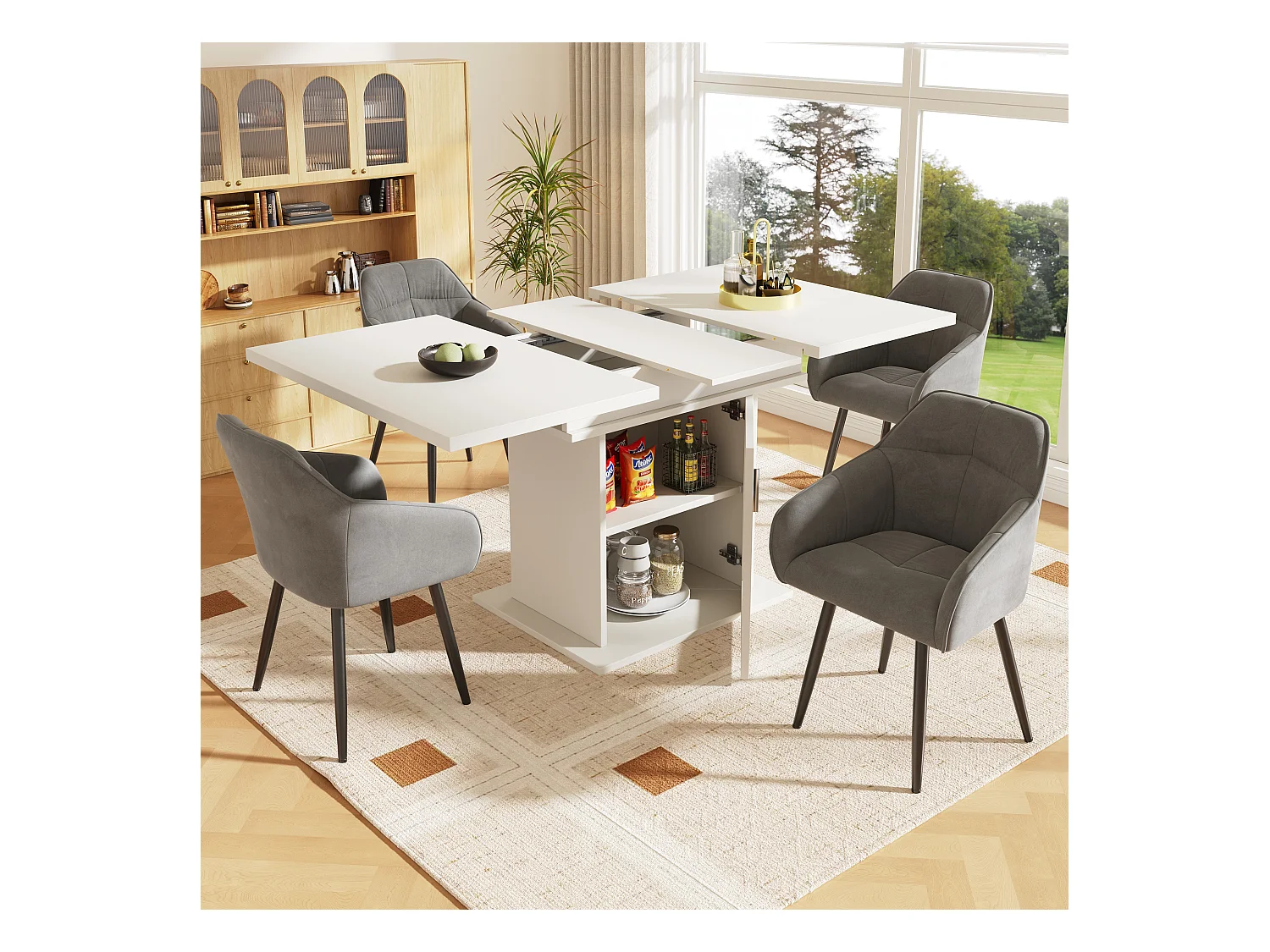 URBAN MEUBLE Table de salle à manger extensible blanche avec espace de rangement et verre 110-140*70cm