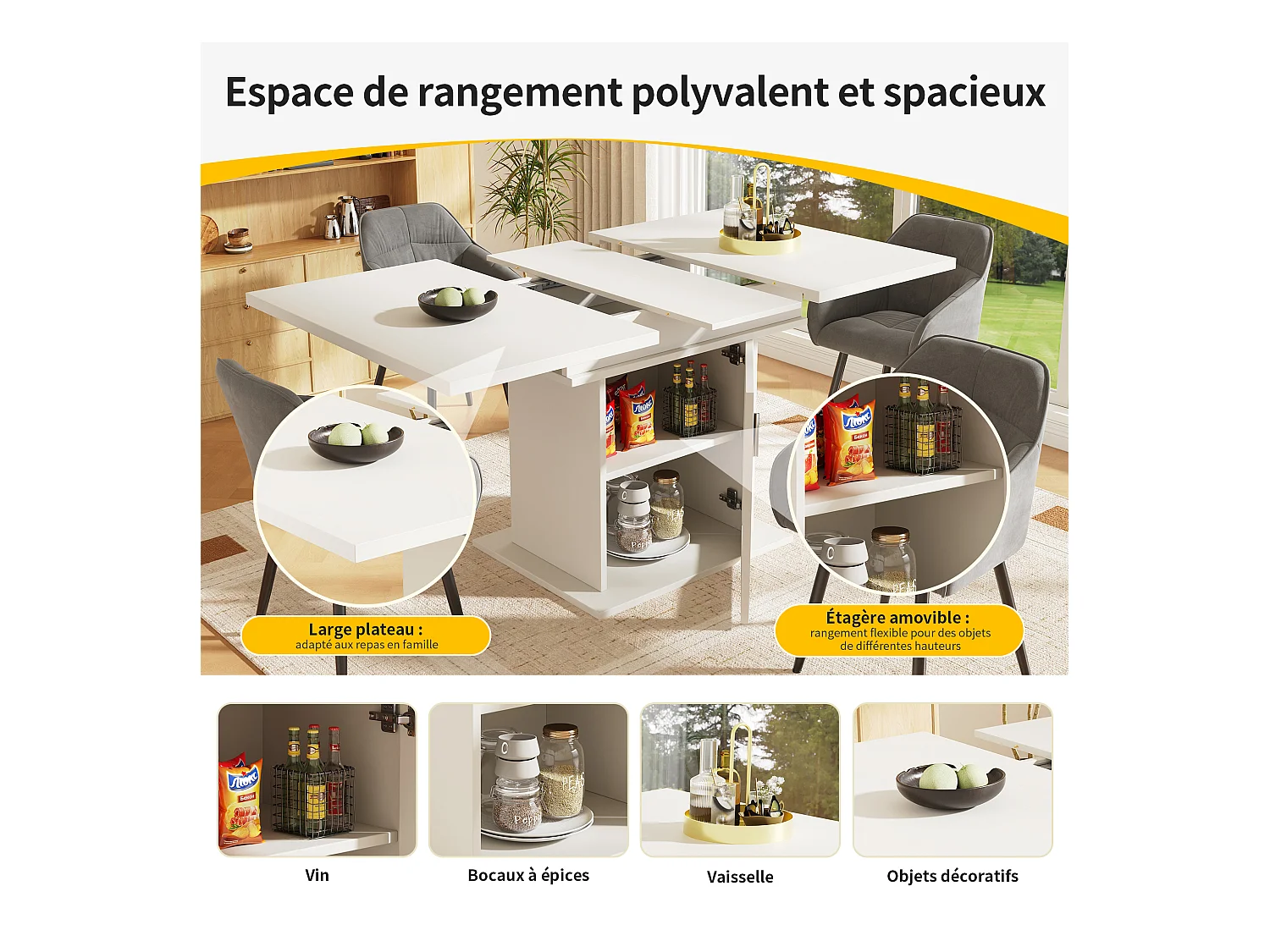 URBAN MEUBLE Table de salle à manger extensible blanche avec espace de rangement et verre 110-140*70cm